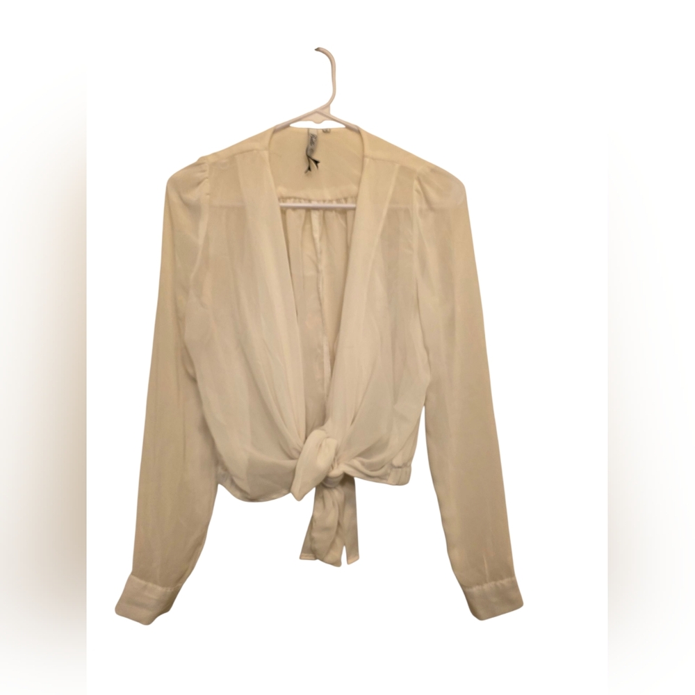 Belle Sheer Ivory Tie Front Longsleeve Blouse Back Ribbon Waist Detail Sz S EUC